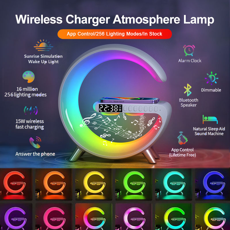 G-Shaped Smart RGB Atmosphere Lamp with Wireless Charging & Bluetooth Speaker – Alarm Clock & App Control