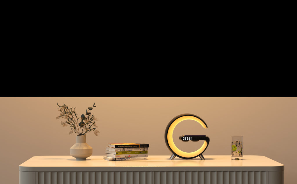 G-Shaped Smart RGB Atmosphere Lamp with Wireless Charging & Bluetooth Speaker – Alarm Clock & App Control