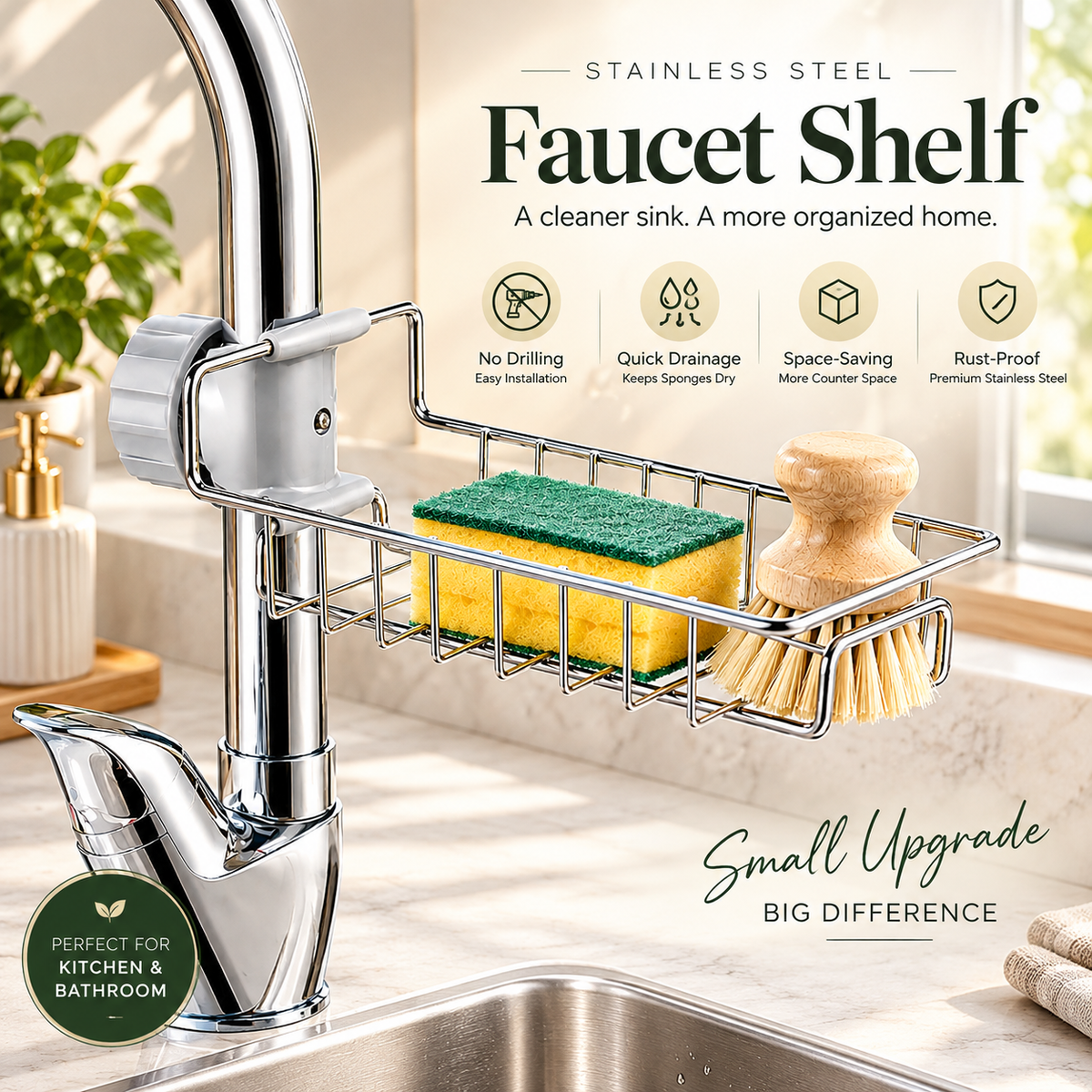 **Stainless Steel Faucet Shelf – Keep Your Sink Clean, Dry & Clutter-Free**