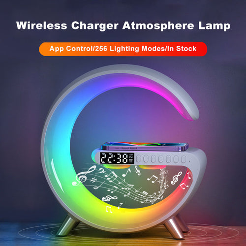G-Shaped Smart RGB Atmosphere Lamp with Wireless Charging & Bluetooth Speaker – Alarm Clock & App Control
