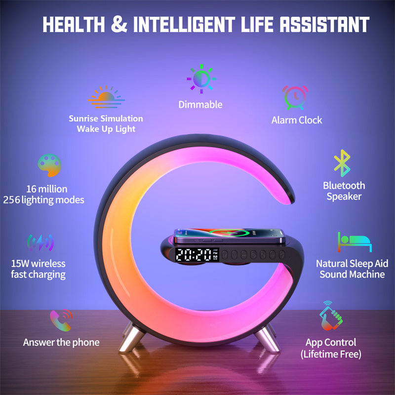 G-Shaped Smart RGB Atmosphere Lamp with Wireless Charging & Bluetooth Speaker – Alarm Clock & App Control