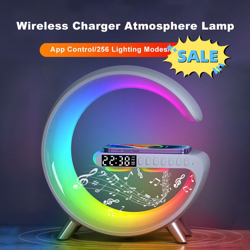 G-Shaped Smart RGB Atmosphere Lamp with Wireless Charging & Bluetooth Speaker – Alarm Clock & App Control