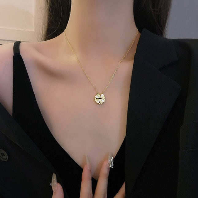 Luxury Four Leaf Clover Pendant Necklace Stainless Steel Crystal Heart Jewelry For Women Gift